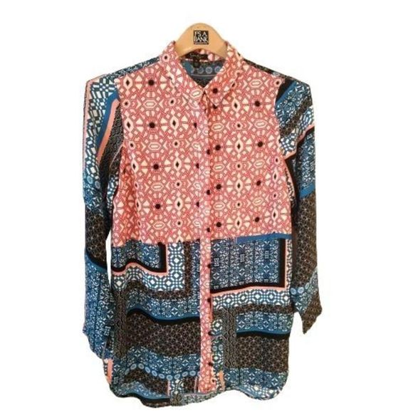 Jessica Simpson Red & Blue Print Button Front Shirt Women's Size Medium‎ - Picture 1 of 4